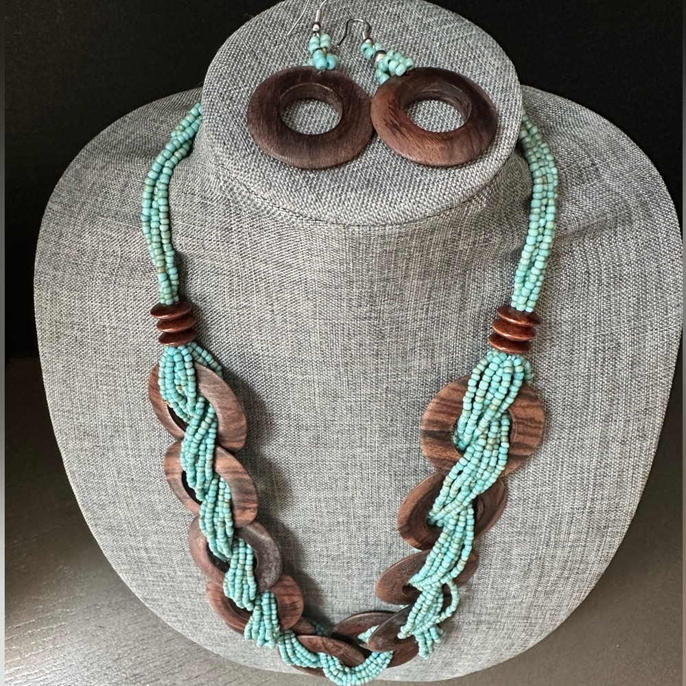 Turquoise Beaded SET Boho Beach Wood Seed Bead Statement Necklace & Earrings Set